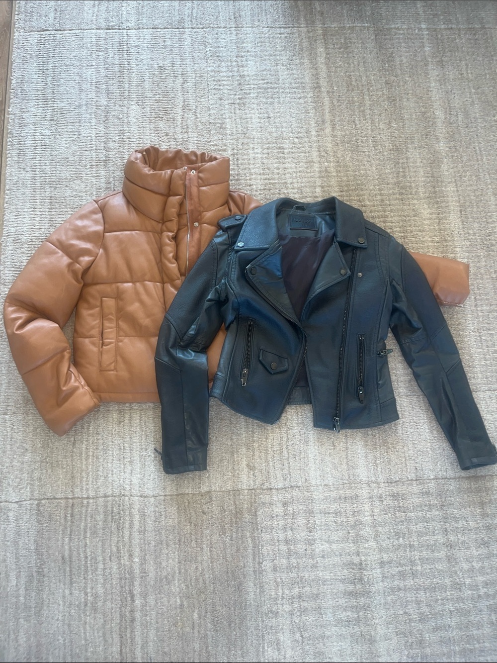 2 Faux Leather Used Jackets: Abercrombie & Fitch Puffer + BLANKNYC Charcoal Moto
